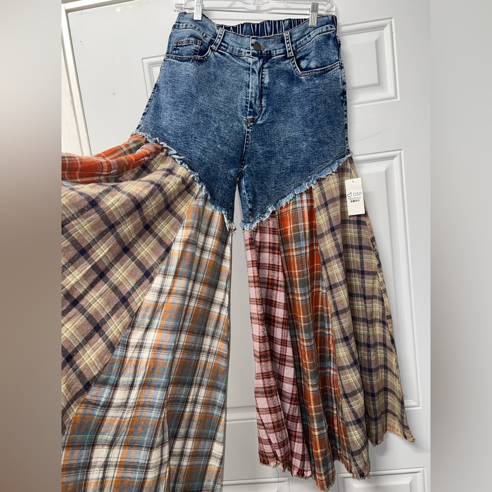 Blue Velvet denim Multiplaid patchwork flared jeans size large